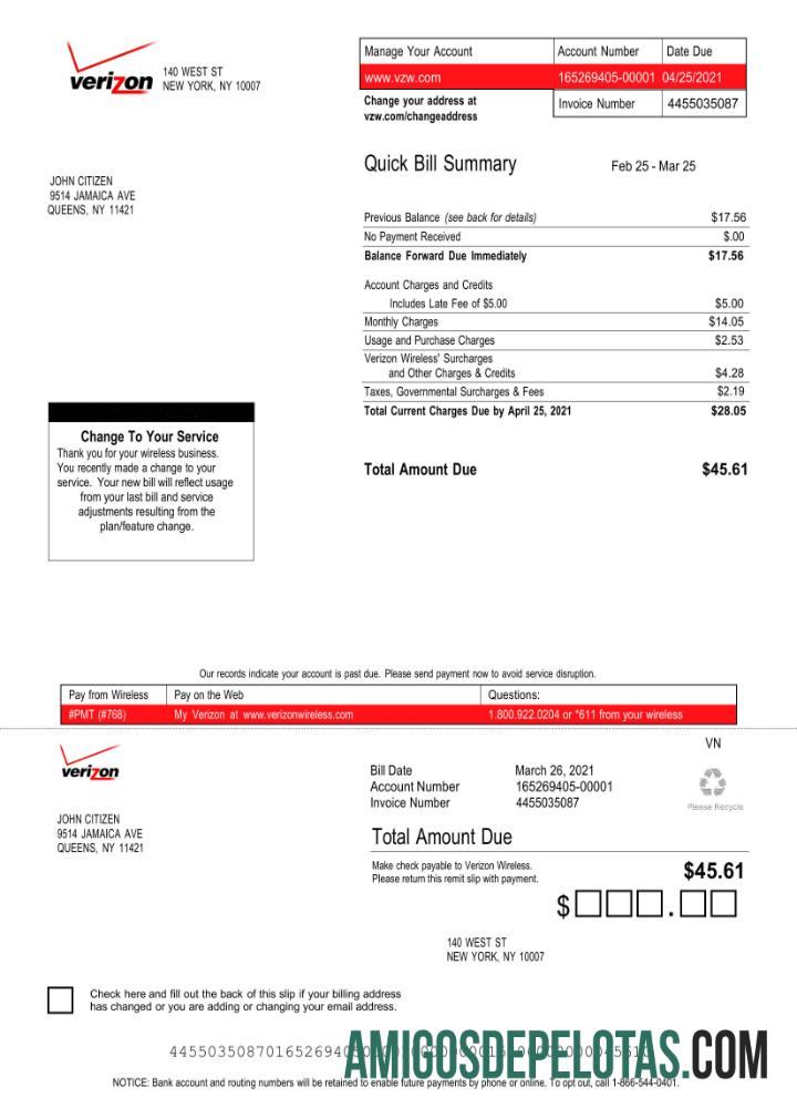 Em branco modelo Word e PDF de fatura de serviços públicos da Verizon dos EUA, versão 3